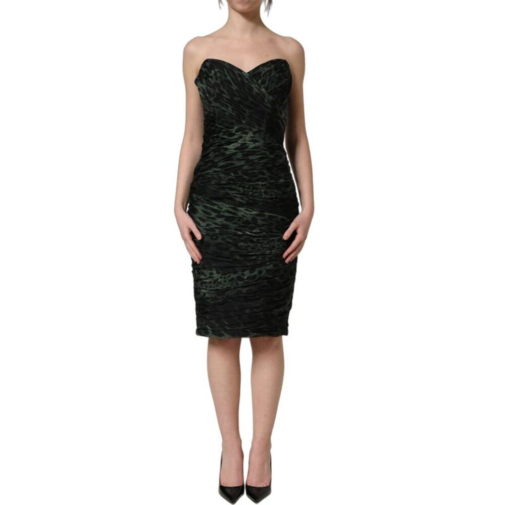 Dolce & Gabbana Green Leopard Print Bustier Draped Midi Women's Dress